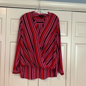 Rachel Zoe high-low striped blouse size large.  Pink, black, and orange